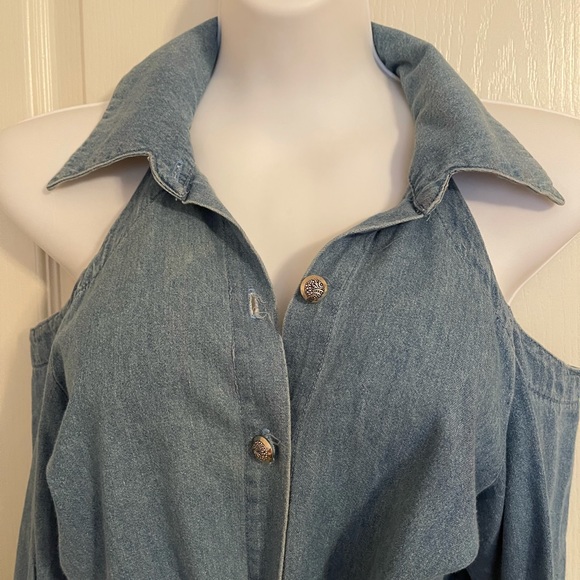 Tops - Vintage Denim no shoulder, Button sleeves, tie waist TOP